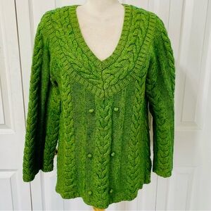 Old Navy Green Cable Knit Cotton and Lambs Wool V-Neck Sweater